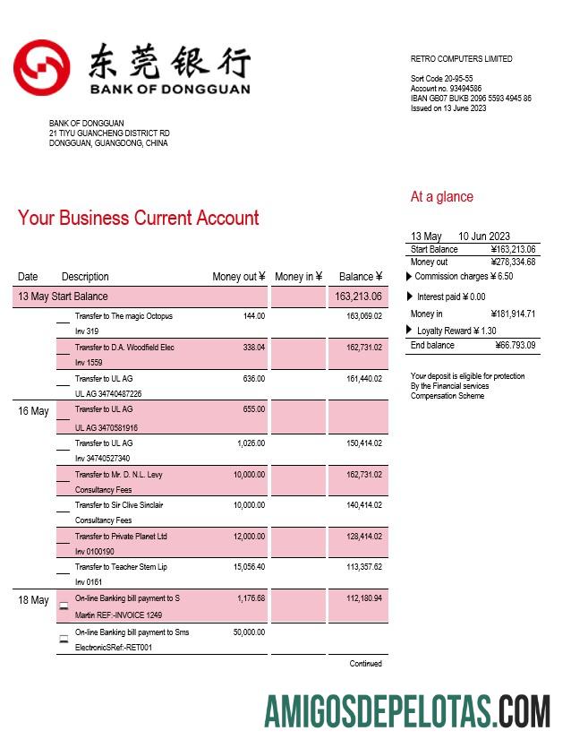 Modelo Word e PDF de extrato de conta da organização Realista Bank Of Dongguan